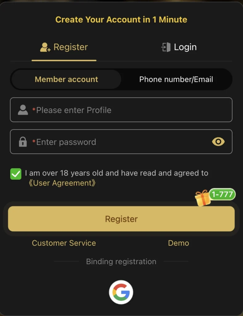 register a new game account
